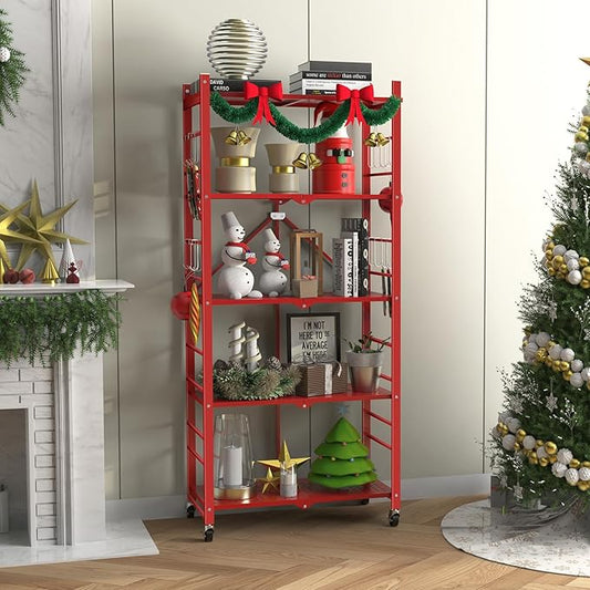 Storage Shelves with 20 Hooks, 5-Tier Foldable Shelves for Storage, Folding Utility Shelf Unit Pantry Shelf with Wheels, Metal Shelving Unit Rack for Garage Christmas Room, Red - No Assembly