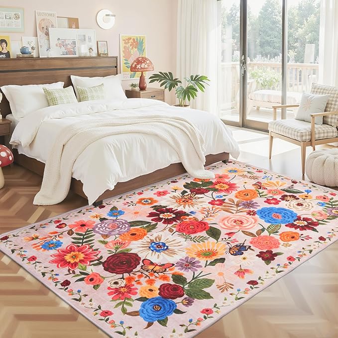 Living Room Rugs, Area Rugs 5x8 Rug for Bedroom Ultra-Thin Soft, Non-Slip Washable Rugs Stain Resistant Boho Rug Low-Pile Throw Rug for ‎Dining Room Office (5 x 8, Beige/Pink Garden)