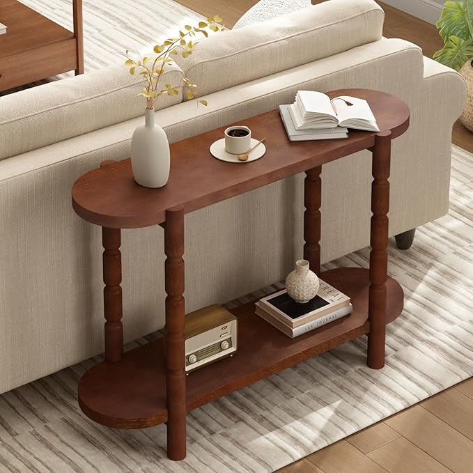Farmhouse Entryway Table with Storage-43.4" Narrow Console Table with Solid Wood Legs, 2 Tiers Rounded Corners Sofa Tables for Living Room，Hallway, Entrance, Foyer, Rustic Brown
