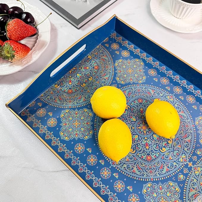 Boho Blue Decorative Tray, Serving Tray with Handles, Plastic Tray for Coffee Table, Ottoman - Ideal for Living Room & Bathroom. 15” x 11” x 2.5”