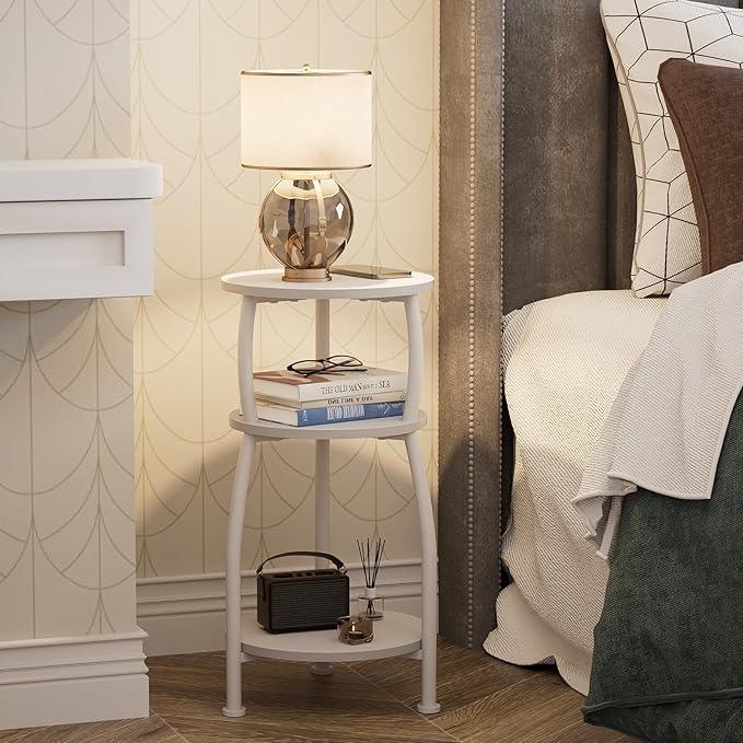 Small Round Side Table, 3-Tier End Table with Storage Shelf, Slim Sofa Table Coffee Table, Sturdy & Easy Assemble Nightstand for Small Spaces, Living Room Bedroom Corner, White