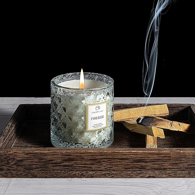 Chloefu LAN Smokey Fireside Scented Candle Gifts for Men Cashmeran Leather Candles for Home Scented, 55 Hours Long Burning, 8.1 Ounce Premium Soy Wax