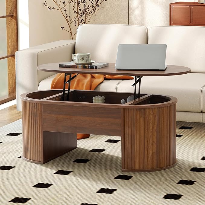 ORRD Lift Top Coffee Table, Fluted Coffee Table with Lifting Top, Wooden Lift Up Dining Table with Hidden Compartment, Center Table for Living Room, Office - Walnut