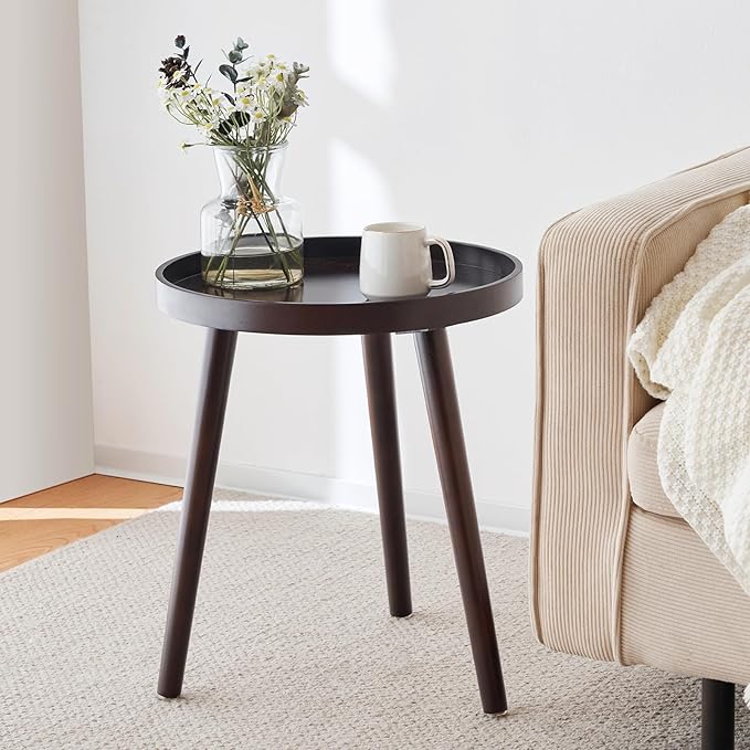 Apicizon Brown Round Side Table Set of 2, Tray Nightstand Sofa Coffee End Table for Living Room, Bedroom, Small Spaces, Easy Assembly Bedside Table, 15 x 18 Inches, Brown
