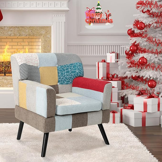 Modern Colorful Accent Chair,Boho Side Chair with Wood Leg,Comfy Upholstered Patchwork Chairs Cozy Comfy Armchair s for Living Room,Bedroom