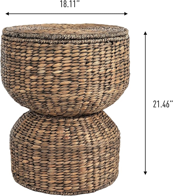 happimess SAT1000B Bhola 18" Hourglass Handwoven Hyacinth Storage Accent Table with Lid for Storage and Decoration in Bedroom, Living Room, Kitchen, Dining Room, Entryway, Guestroom, Brown Wash