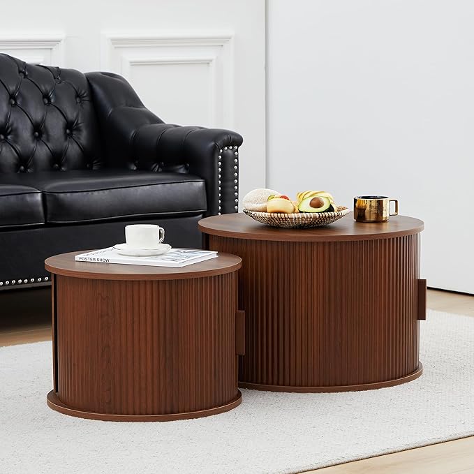 Round Coffee Table, 2 Piece Coffee Table Set with Storage Space and Sliding Door, Modern Fluted Coffee Side Table for Living Room, Office, Bedroom (Walnut)