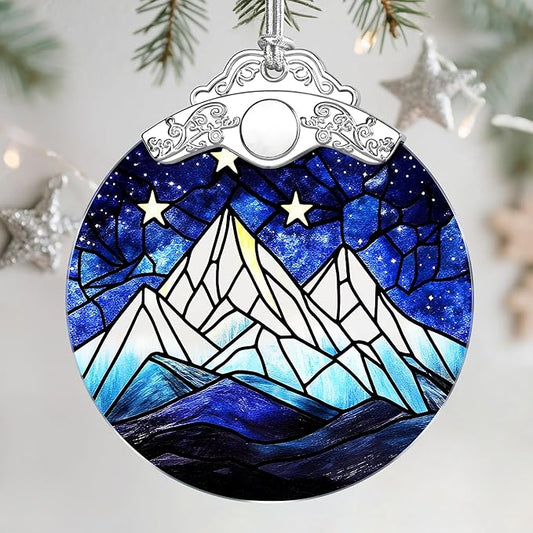 Stained Glass Ornament, Christmas Ornaments, Christmas Tree Ornaments & Holiday Decor – Gifts for Nature Lovers, Ideal Holiday Present & Xmas Gift - Starry Sky and Mountains