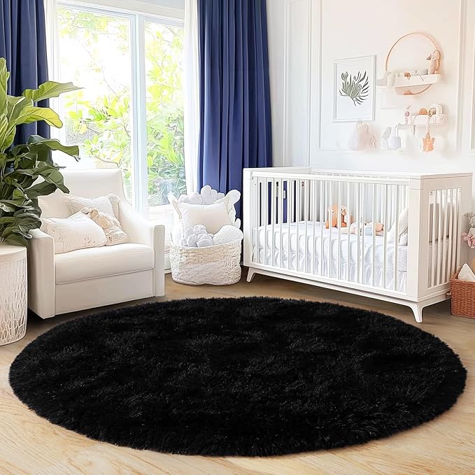 5'x5' Black Round Rug for Bedroom, Ultra Soft Fluffy Circle Rug for Kids Girls Boys Room, Cute Shag Rugs for Living Room Playroom Teen Room Home Decor Rug