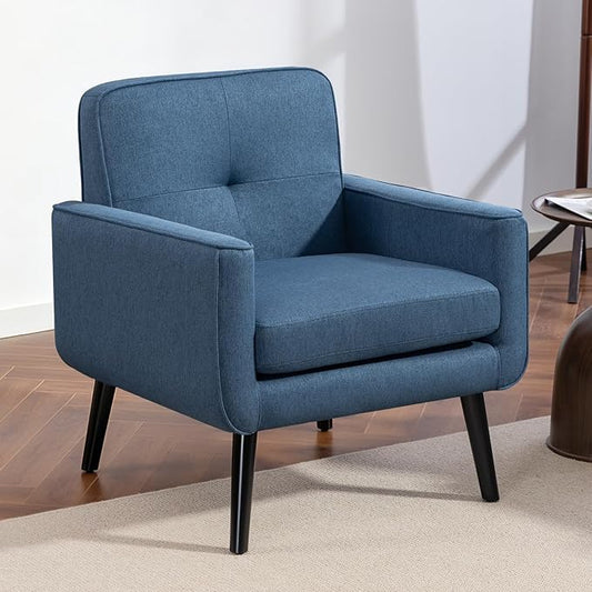 Mid Century Accent Chair, Fabric Modern Chair with Wooden Frame, Cozy Armchair Reading Chair with Comfy Back for Apartment, Living Room, Bedroom, Waiting Room, Small Space, Corner, Blue