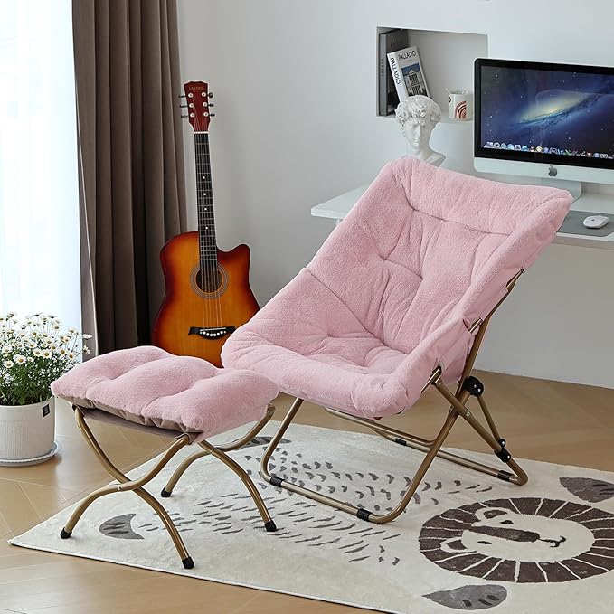 Comfy Folded Chair with Ottoman, Oversized Folding Faux Fur Chair Soft Furry Lounge Lazy Chair with Metal Frame Moon Chair Accent Chair for Bedroom, Living Room, Dorm Rooms