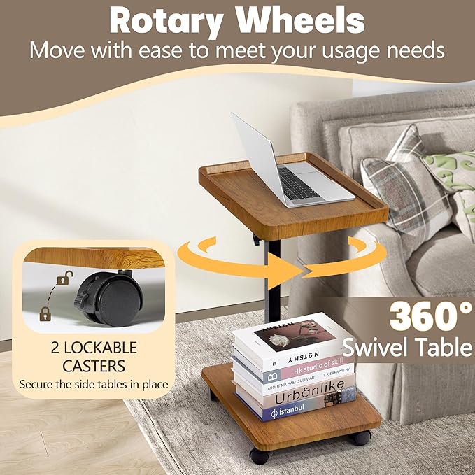 Aoligrace C Shaped End Table Adjustable Height, 360° Swivel Side Table with Wheels, Small TV Tray C Table for Living Room Bedroom, Couch Tables That Slide Under for Sofa Bed Chair