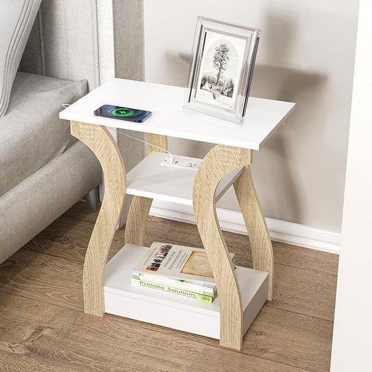 End Table with Charging Station, Side Table with USB Ports and Outlets, 3 Tier Nightstand Sofa Table for Small Spaces, Beside Table with Storage Shelf for Living Room, Bedroom