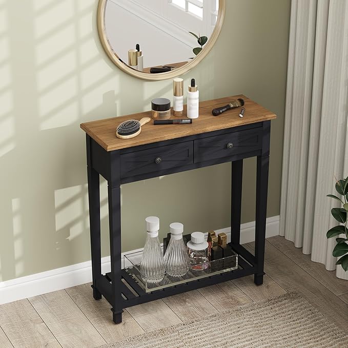 kinbor Narrow Console Table with Shelf ＆ Drawers Small Entryway Table Hallway Table for Entryway Living Room Bedroom Foyer Office Black