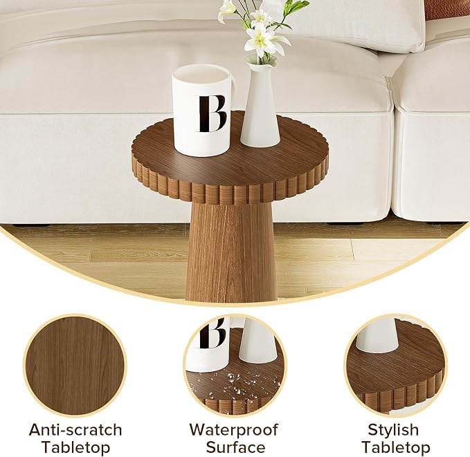 Small Side Table, Wood End Table with Fluted Pedestal Base, Round Drink Table for Small Spaces, Modern Accent Table for Living Room, Bedroom or Sofa Side(1, Walnut)
