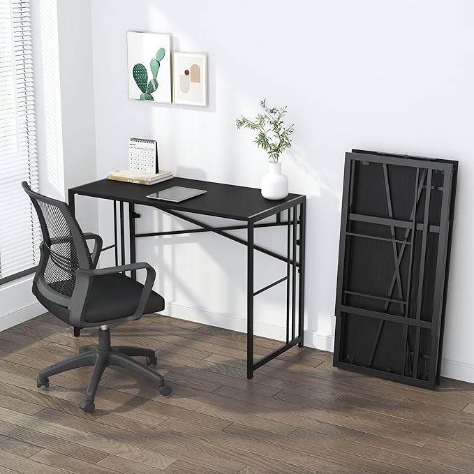 Folding Desk 40 inch Writing Gaming Computer Camping Desk, No Assembly Required Home Office Table, Black