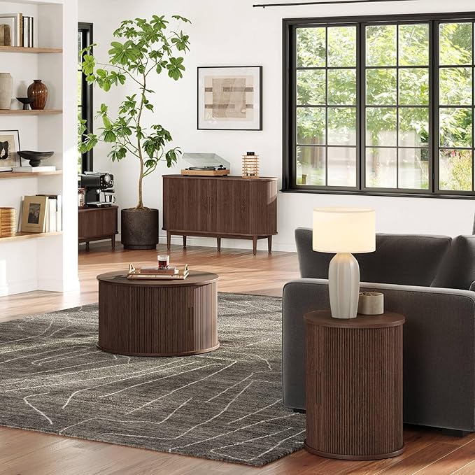 LINSY HOME Round Fluted End Table, Tall Side Table with Sliding Tambour Door and Storage Shelf, Modern Bedside Table, Mid-Century Nightstand for Living Room, Bedroom, Walnut