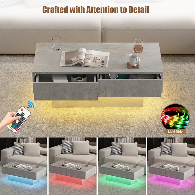 Grey Coffee Table with Storage, Rectangular Center Table for Living Room, Modern High Glossy Farmhouse Grey Coffee Table with 16 Colors LED Lights, Wooden Living Room Table, Pullout Storage