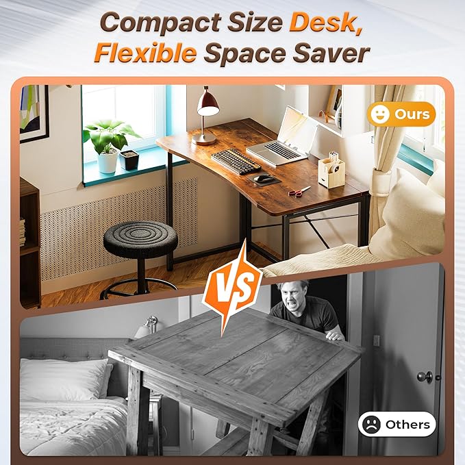 Huuger Folding Desk for Small Spaces, 39.3 Inch Foldable Computer Table, for Home Office, Study, Bedroom, Dorm, Space Saving, Small Writing Work Office Computer Desk, Easy to Fold, Rustic Brown