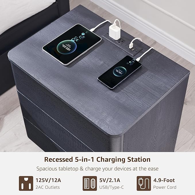 ACCOHOHO 22" Modern Nightstand with Charging Station, Push-to-Open Handleless 3 Drawers Bedside Table, Large End Table with Storage, Night Stand for Bedroom, Living Room, Curved Profile, Black