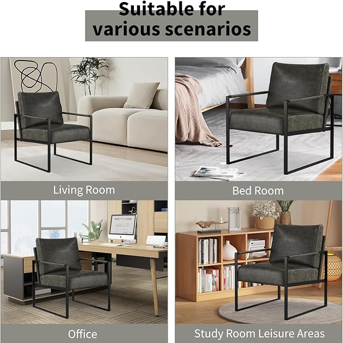 CANMOV Modern Accent Chair Set of 4, PU Leather Armchair with Metal Frame,Comfy Single Reading Chair with Soft Padded Backrest and Cushion for Living Room, Bedroom,Reading Room,Office,Dark Grey