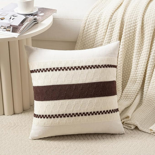 Fancy Homi Set of 2 Boho Brown Decorative Throw Pillow Cover 18x18 Inch for Couch Bed Sofa, Aesthetic Modern Organic Farmhouse Home Decor, Soft Cotton Cute Accent Macrame Woven Cushion Case