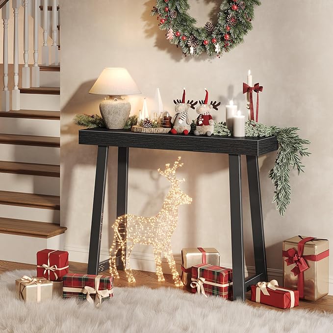 Huuger Entryway Console Table with Charging Station, USB-C Port, 39.4 Inch Sofa Table with Metal Legs, Entry Hallway Table with Thicker Desktop, Modern Behind Couch Table, Black