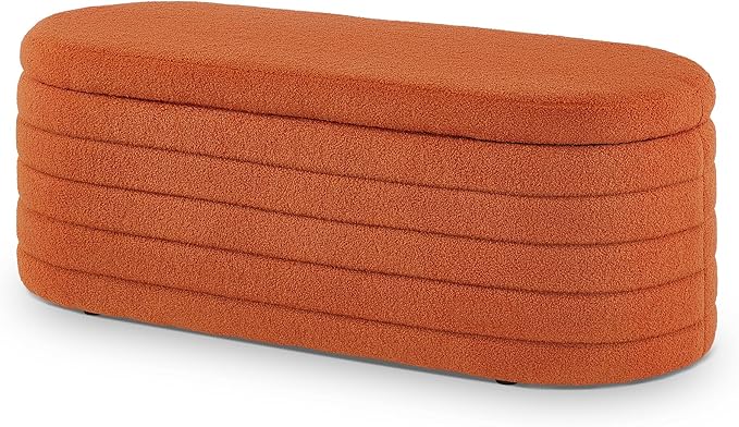Storage Ottoman Bench End of Bed for Bedroom,43 inch Teddy Boucle Upholstered Entryway Shoe Seat Bench w/Storage,Sherpa Modern Cute Stool Foot Rest for Living Room,Window Seating,Orange