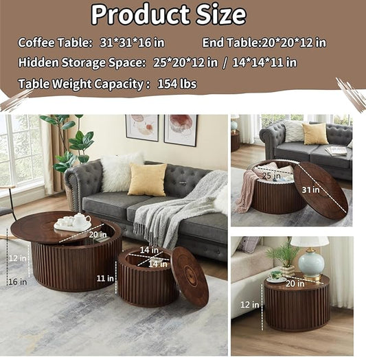 Round Coffee Table Set of 2, Nesting Coffee Tables with Removable Lid, Mid Century Modern Wooden End Table with Large Storage Space for Living Room