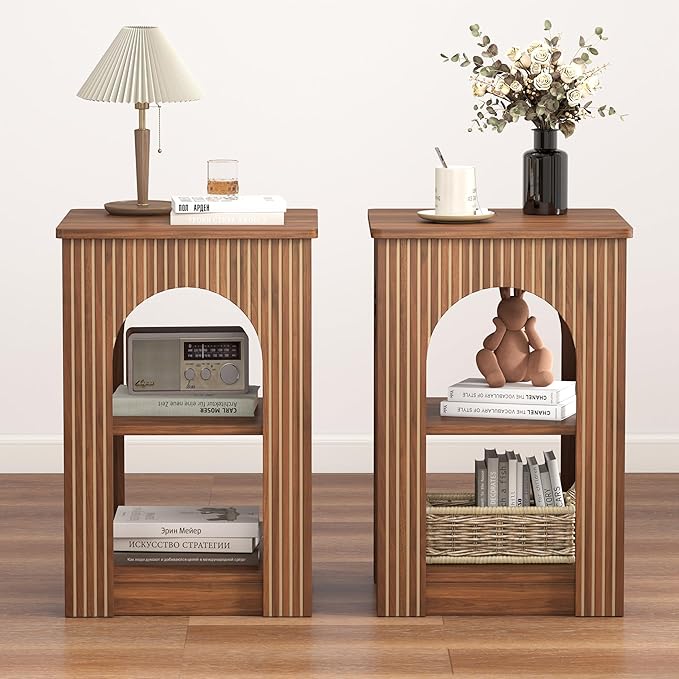 End Table with 3-Tier Storage, Mid-Century Modern Side Table with Arched Carving Lines, Square Fluted Nightstand Accent Table for Living Room, Bedroom, or Office (1, Walnut)