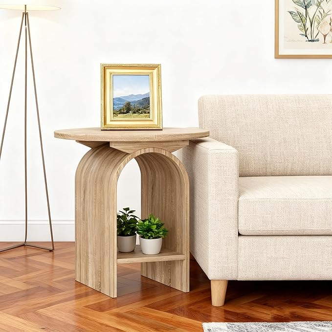 Modern Round Wooden Side Table Set of 2, Small Decorative Coffee Table Vintage Nightstand with Lower Open Shelf for Living Room, Bedroom Or Small Space, Natural X2