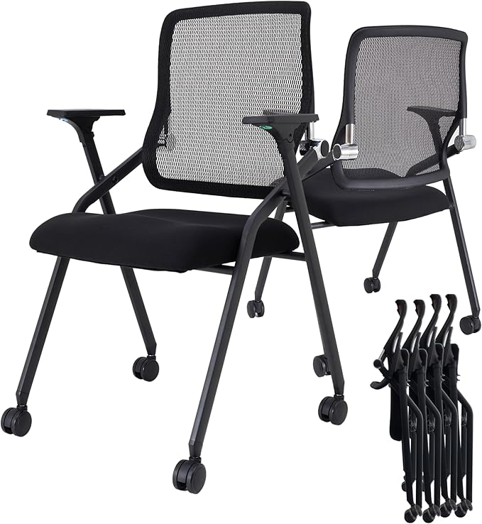 4 Pack Stackable & Foldable Conference Room Chairs with Lumbar Support, Armrest - Ergonomic Mesh Bouncing Back for Office Meeting, Conference, Reception and Training Room Chair