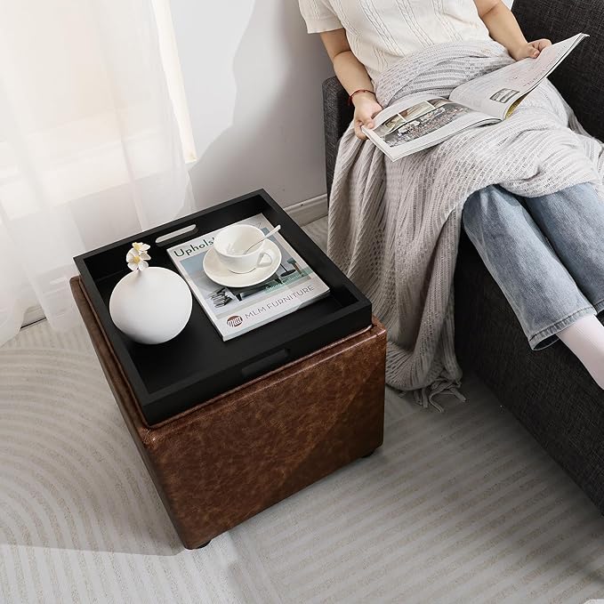 Adeco 17" Storage Ottoman Cube with Tray Lid, Small Footstool with Storage, Square End Table for Living Room & Bedroom