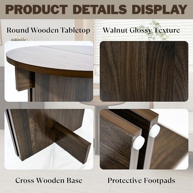 Wooden Round Side Table, Small Drink End Table, Cocktail Table, Modern Accent Night Stand with Wooden Base, Plants Stand for Living Room/Bedroom, Corners, Office, Small Space, Walnut