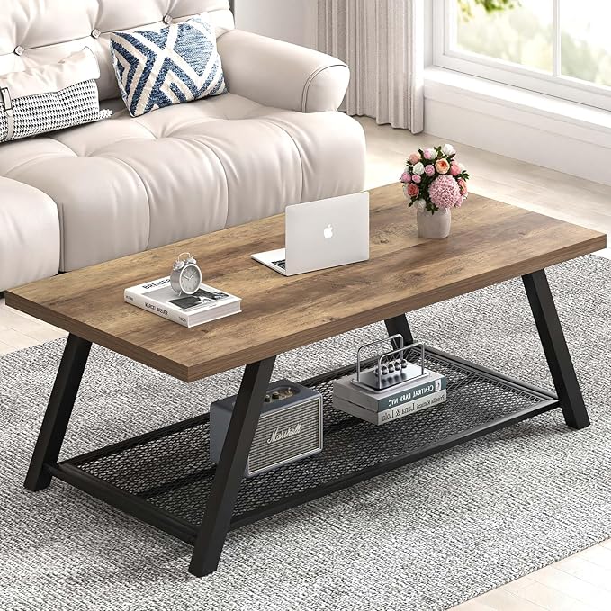 FOLUBAN Coffee Table, Modern Rustic Wood and Metal Center Table with Storage, Industrial Cocktail Tea Table for Living Room, Oak, 47 Inch