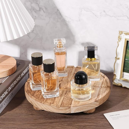 10'' Round Wooden Tray Pedestal Stand, Farmhouse Bathroom Decor Riser for Soap Dispenser, Perfume, Candle, 10'', Light Brown