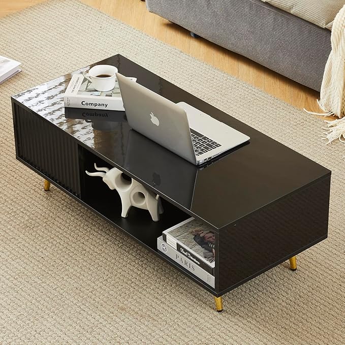 COSVALVE 41.3IN LED Black Coffee Tables for Living Room with 16 Colors LED Lights, Modern Minimalist Coffee Table with Fluted Panel, Rectangle Center Table Game Table