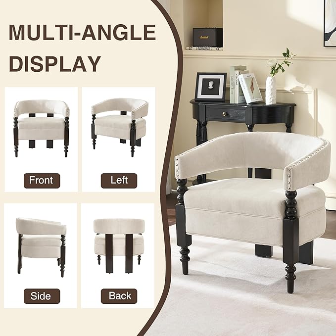 LOULENS Barrel Accent Chair, Vintage Chenille Upholstered Lounge Chair with Solid Wood Legs, Comfy Leisure Side Armchair for Living Room, Bedroom, Reading Nook, Corner, Beige