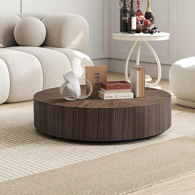 35.43" Round Coffee Table for Living Room, MDF Coffee Table Drum Center Table for Apartment, Modern Drum Circle Coffee Table Side Table End Table, No Need Assembly (Walnut, ø35.43'' x 11.42'')