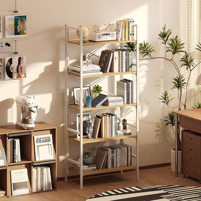Folding Bookshelf,5 Tier Bookcase Foldable Shelf with X-Bracket Design, Adjustable Feet, Space Saving Storage for Living Room, Office, Light Coffee