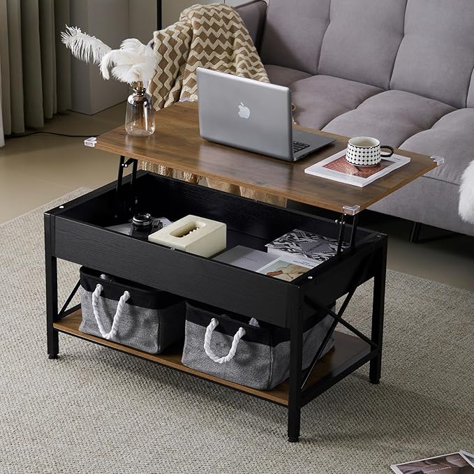 VINGLI 36" Lift Top Coffee Table with Free Cloth Storage Bins, Rustic Framhouse Black Coffee Tables for Living Room, Small Modern Coffee Table for Small Space in Minimalistic Style, Black