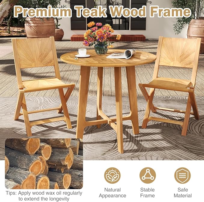 Tangkula 31.5” Patio Dining Table, Round Teak Wood Dining Table w/Slatted Tabletop, X-Shaped Frame, 4 Sturdy Supporting Legs, Farmhouse Dining Furniture for Dining Room, Garden, Poolside