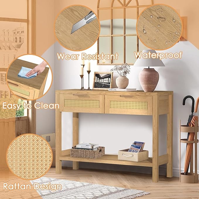 Rattan Console Table for Entryway, Boho Narrow Sofa Tables with Storage Shelf and 2 Drawers for Behind Couch Living Room, Hallway, Entrance, Natural Wood