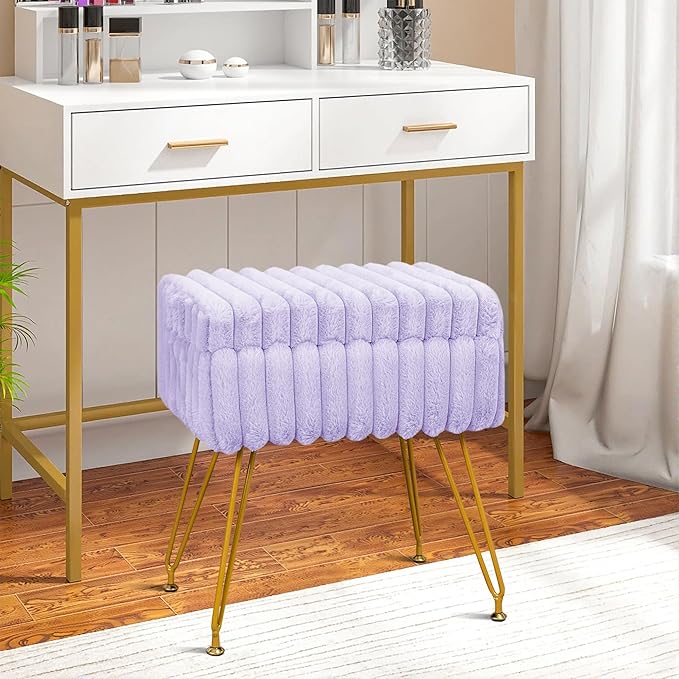 Faux Fur Vanity Stool Chair with Storage Ottoman, Vanity Chair for Makeup Room, Vanity Stools for Bedroom, Footrest with Metal Legs and as a Coffee Table, Purple