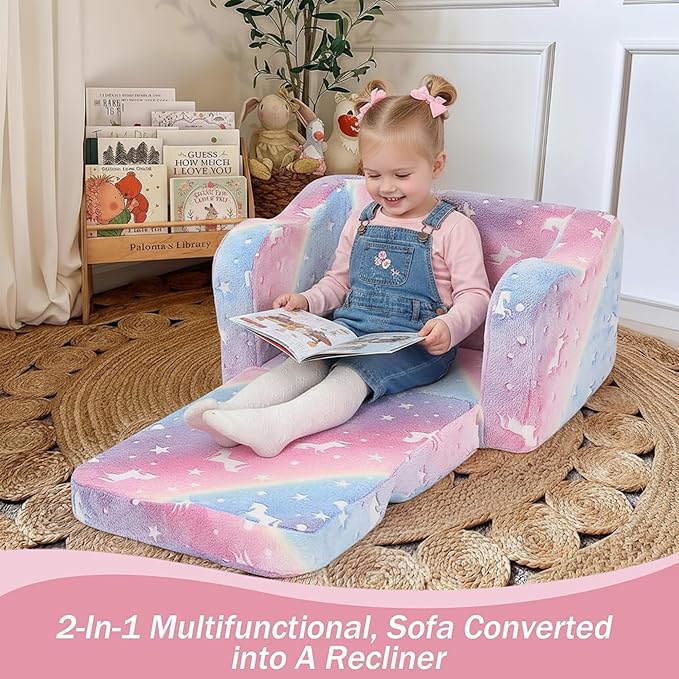 MeMoreCool Toddler Chair & Sofa Bed – Glow‑in‑The‑Dark Unicorn Design | Convertible Fold‑Out Plush Couch for Kids Ages 1‑5, Machine‑Washable Cover, Ideal for Playroom, Naps, Travel