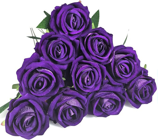 10 PCS Artificial Roses with Long Stems Silk Flowers Realistic Foam Flowers Fake Roses for Valentine's Day Home Wedding Halloween Decor(Dark Purple)