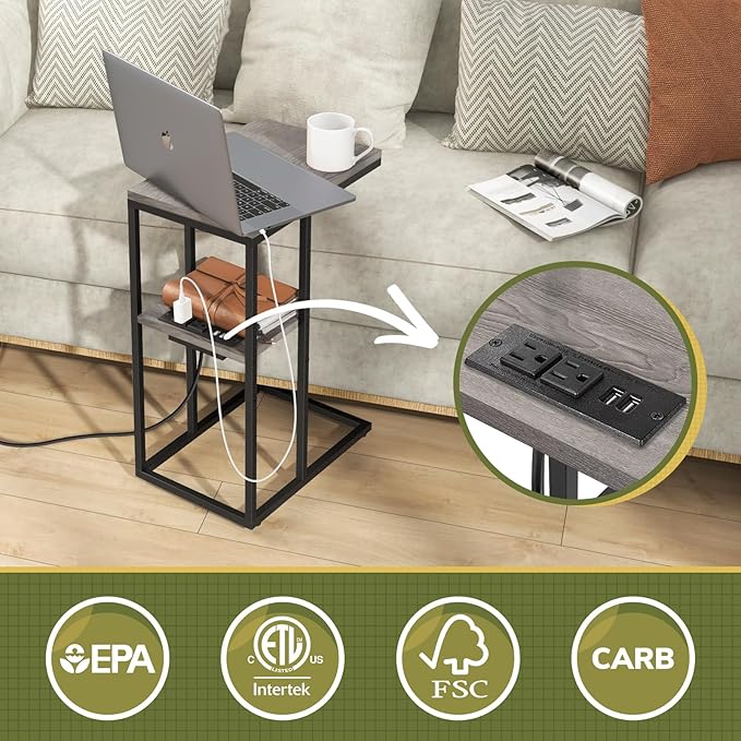 Yoobure C Shaped End Table with Charging Station, Small Side Table for Living Room, Bedroom, Sofa with USB Ports and Outlets for Small Spaces, C Couch Rustic Snack Bed Side Table