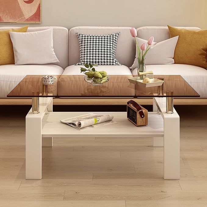 Modern 2-Tier Coffee Table with Tempered Glass Top, MDF Shelf & Metal Legs, Rectangular Living Room Center Table, Sturdy & Stylish Table for Small Spaces, Lounge or Office