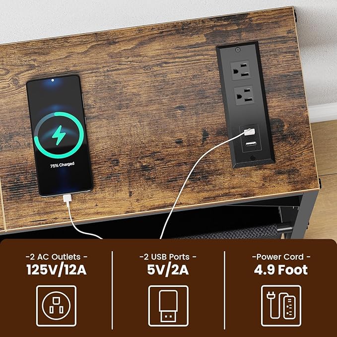 Small Console Table with Charging Station and Storage Basket, 31.5'' Couch Table Behind Sofa, Entryway Table, Narrow Console Table for Hallway, Foyer, Living Room, Rustic Brown