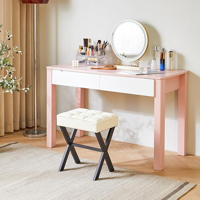 IBUYKE Square Makeup Stool with X-Leg Foot Rest, PU Footrest, Ottoman Seat Vanity Stool, Multi-Use as Small Side Table, for Bedroom, Living Room, White LG-71W